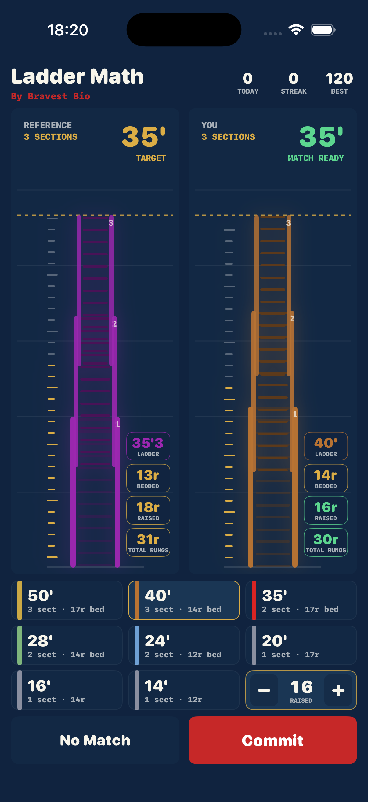 Ladder Math app drill screen showing two different ground ladders matched to a 35 foot target.